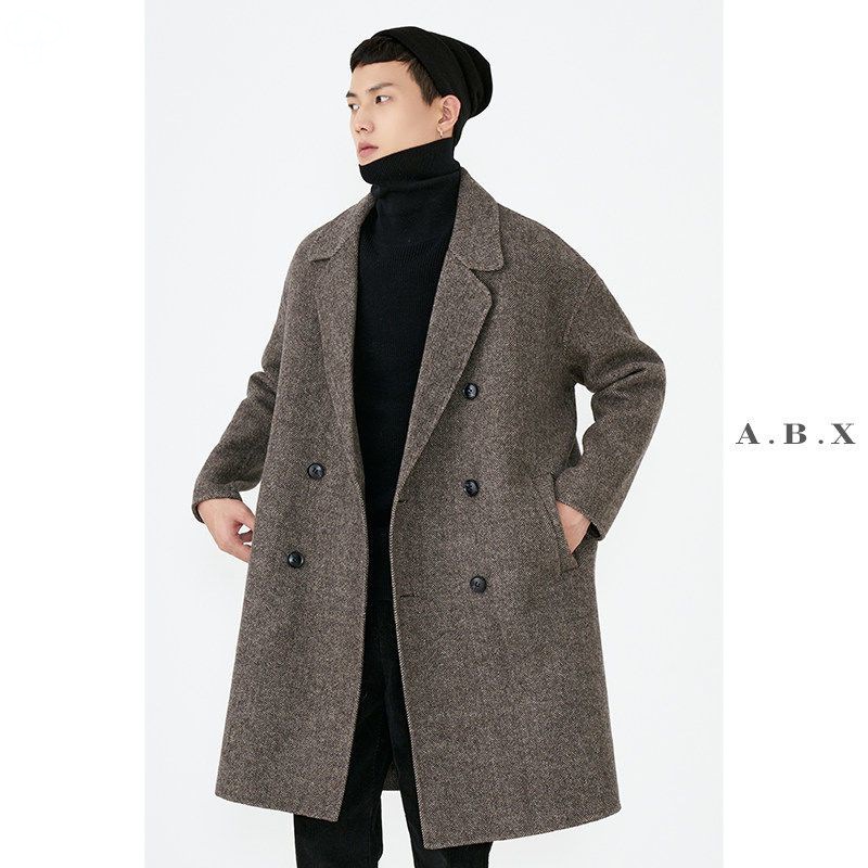 人字纹双面羊毛呢大衣男中长款秋冬韩版潮流英伦风衣羊绒呢子外套