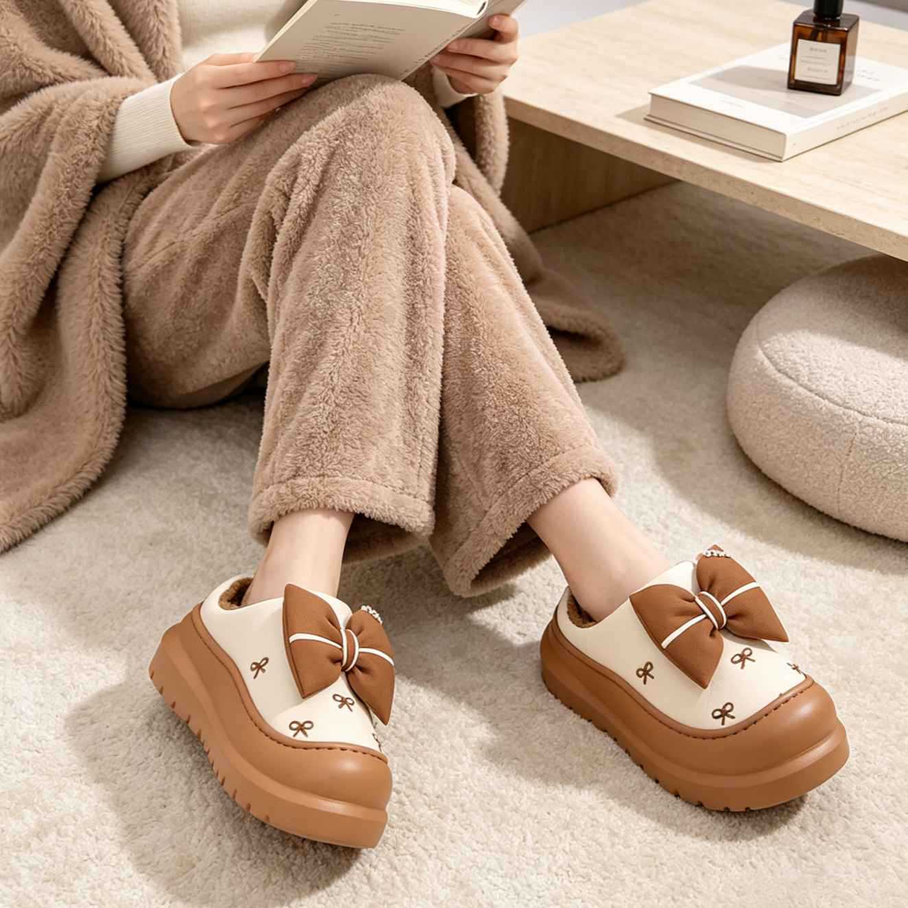 Nuevos zapatillas de algodón de fondo grueso de arco para mujeres de otoño y invierno en el hogar antideslizante pisar sensación de excremento de terciopelo cálido lindas zapatillas de algodón de cabeza