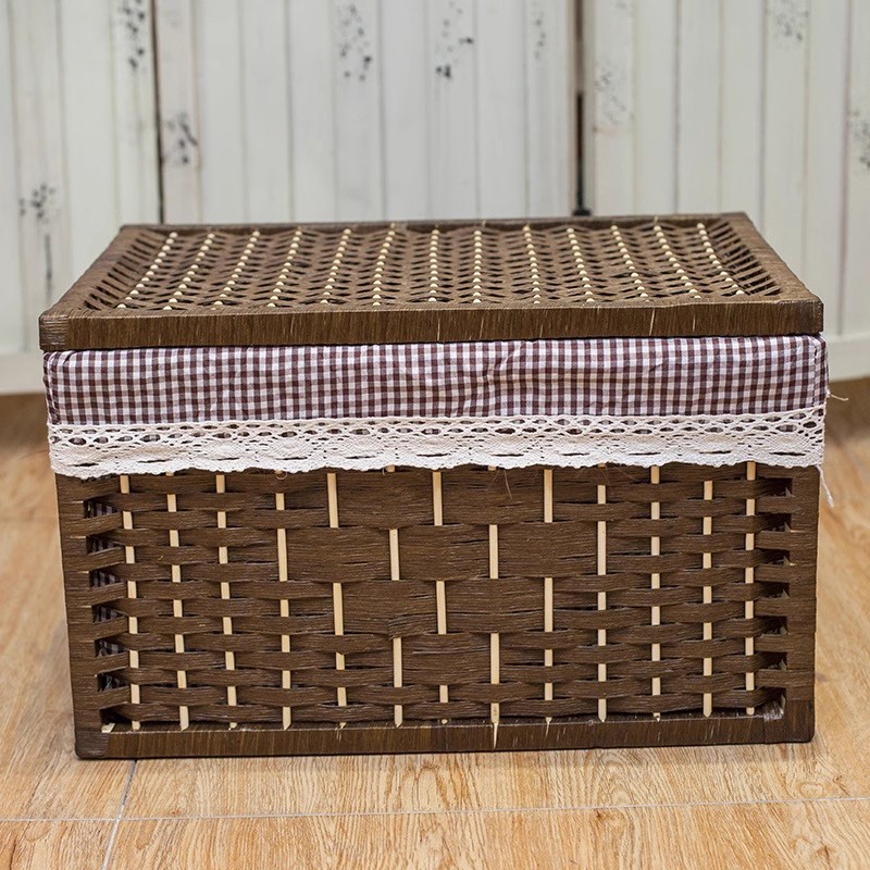 Cesta de almacenamiento de tejido de caña con cubierta de bambú rectangular caja de almacenamiento doméstica tela de mano tela de tela de