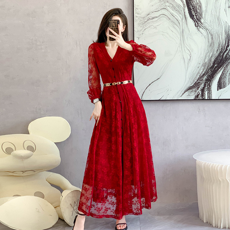 2023 real shot new women's clothing new Chinese high-end lace and ankle-to-ankle ultra-long mop dress dress