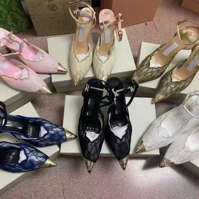 Jc One-Strap Stiletto Heeled Sandals, New Spring/Summer Style, Sexy Lace Pointed Toe, Gold-Plated Mesh High Heels 79