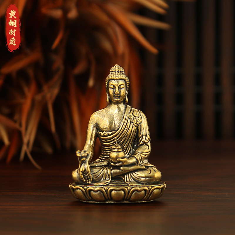 Brass Medicine Buddha Statue Ornament Xizang-Style Guanyin Pocket Buddha Creative Retro Miniature Buddhist Altar Decoration Small Ornament