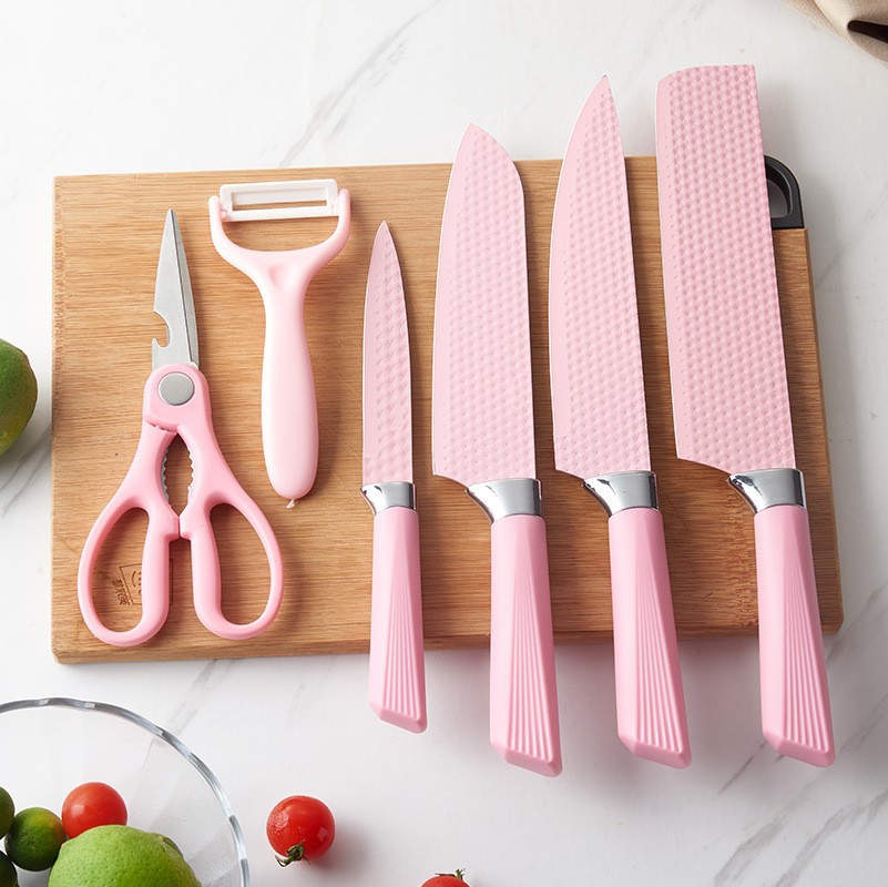 Inventario al por mayor nuevo acero inoxidable pulverización rosa diamante manija viejas seis piezas cuchillo conjunto de herramientas de cocina