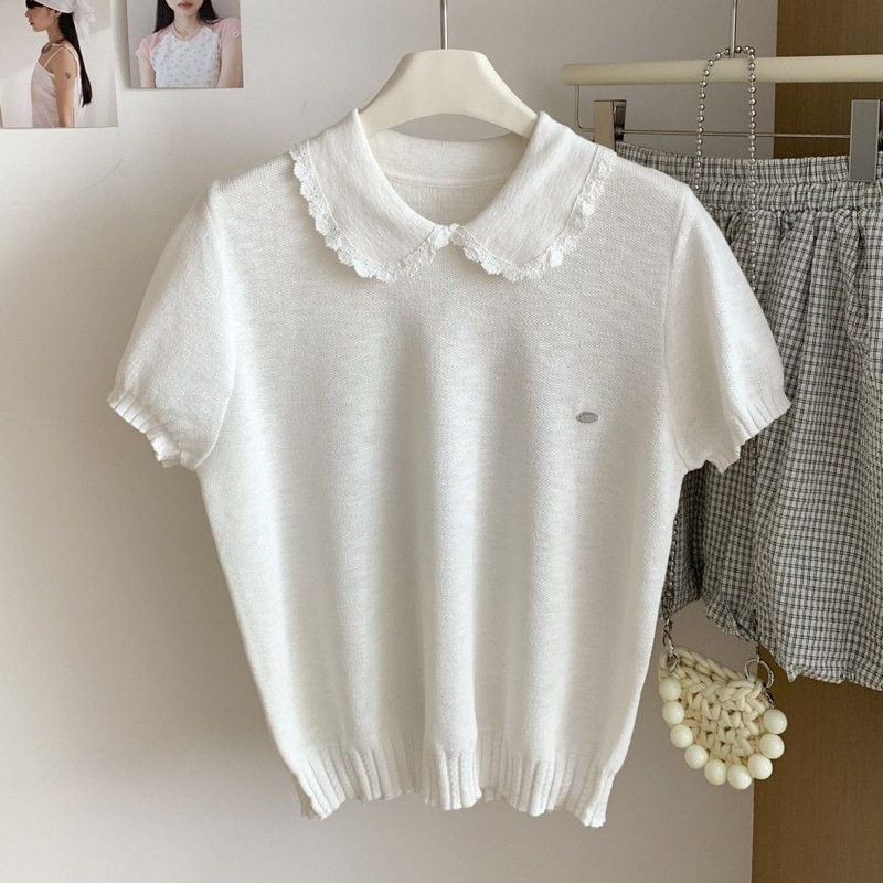 White Turn-Down Collar Ruffled Short-Sleeve Knit Top for Women, 2025 Summer New Korean Style Petite Doll Collar Top