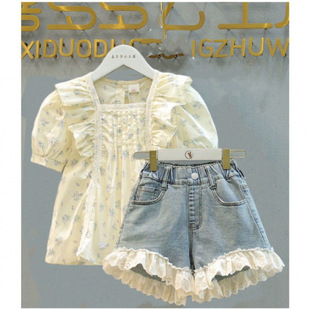 Girls' Princess Style suit 2025 Summer New Style Mid-Big Children's Lace Floral Doll Shirt Denim Shorts Two-Piece Set
