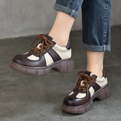 松糕厚底復古休閒單鞋女款頭層牛皮圓頭系帶低幫高跟單鞋2024春款