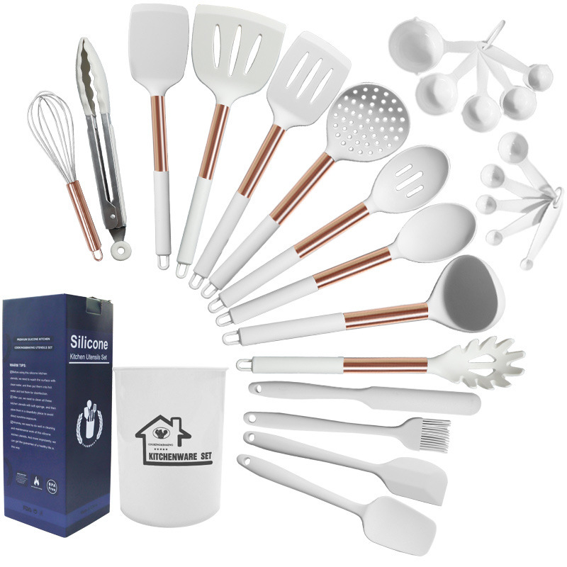 Cuchara de sopa de espátula de silicona transfronteriza Juego de 25 piezas Pala de silicona de oro rosa sartén antiadherente blanca lechosa Juego de utensilios de cocina de silicona al por mayor