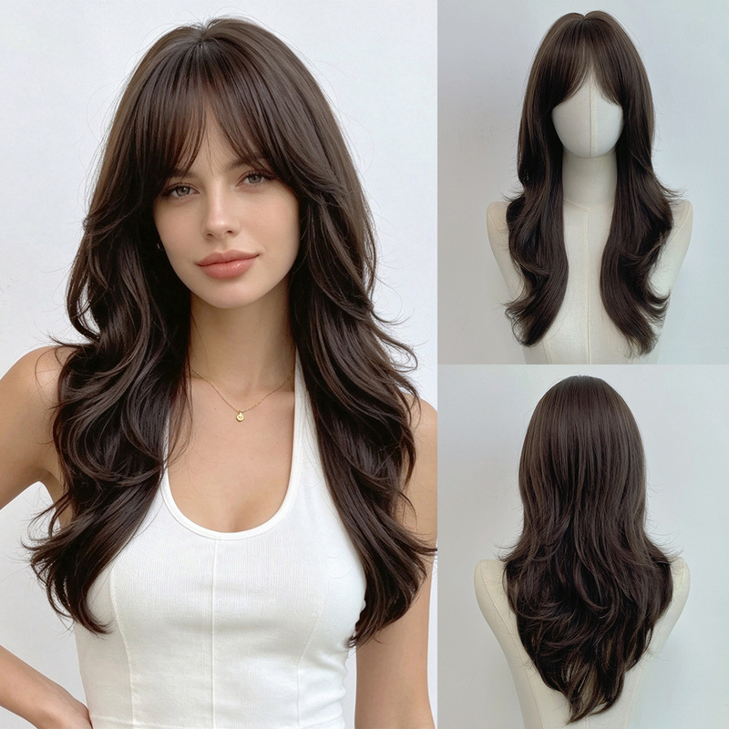 Foreign trade long curly wig with bangs for European and American women, matte high-temperature fiber, slightly wavy, full head cover, wholesale on AliExpress
