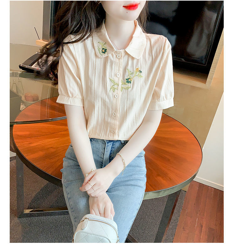 夏装2024年新款时尚纯棉衬衣女洋气全棉短袖气质女士衬衫刺绣上衣详情33