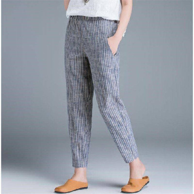 Summer cotton and linen women's pants, thin and loose harem pants, casual radish pants, linen vertical stripes, ankle-length 9/10 pants