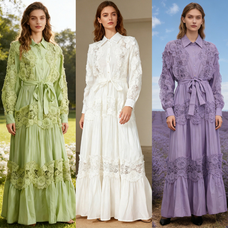 Fashionable British Style Cut Out Water-Soluble Lace Splicing Tencel Cotton Lapel Single-Breasted Loose Extra Long Dress