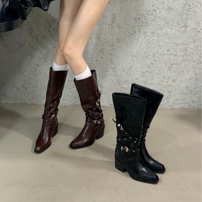 【Tax Not Included】Korean-Style Fashion Boots with Belt Buckle, Chunky Heel, Tall Boots for Petite Women, Over-The-Knee High Heels 【Tax Not Included】Korean-Style Fashion Boots with Belt Buckle, Chunky Heel, Tall Boots for Petite Women, Over-The-Knee High Heels