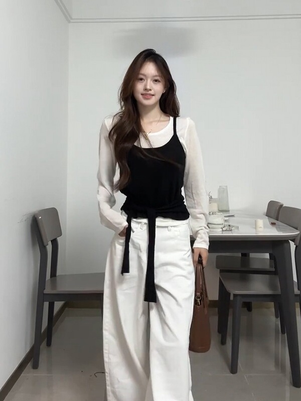 韩系ins风假两件长袖t恤女早秋季2025新款设计感温柔气质修身上衣|undefined