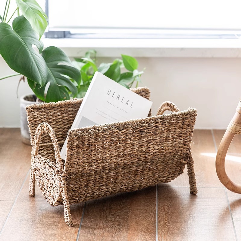 Estante de revista de algas marinas vertical personalizado transfronterizo tejido a mano sala de estar estante de piso pequeño estante de almacenamiento de libros