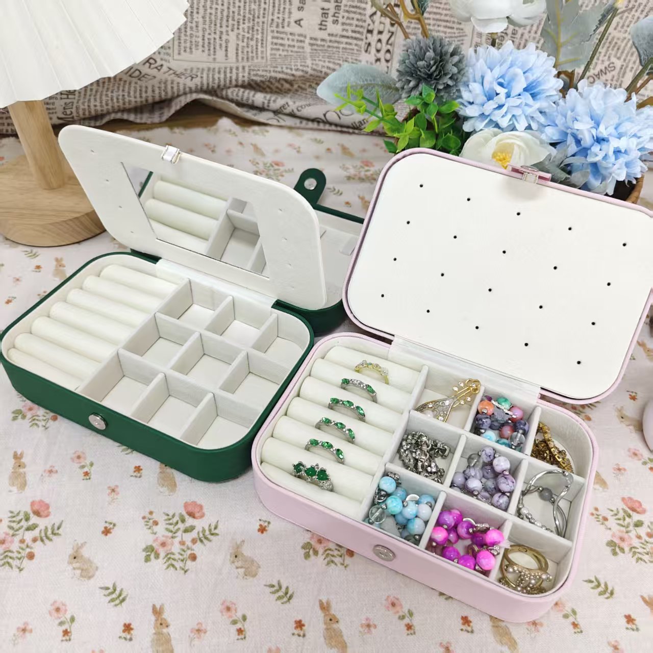 简约十字纹pu皮革饰品收纳盒口红耳钉银项链大容量首饰盒配化妆镜