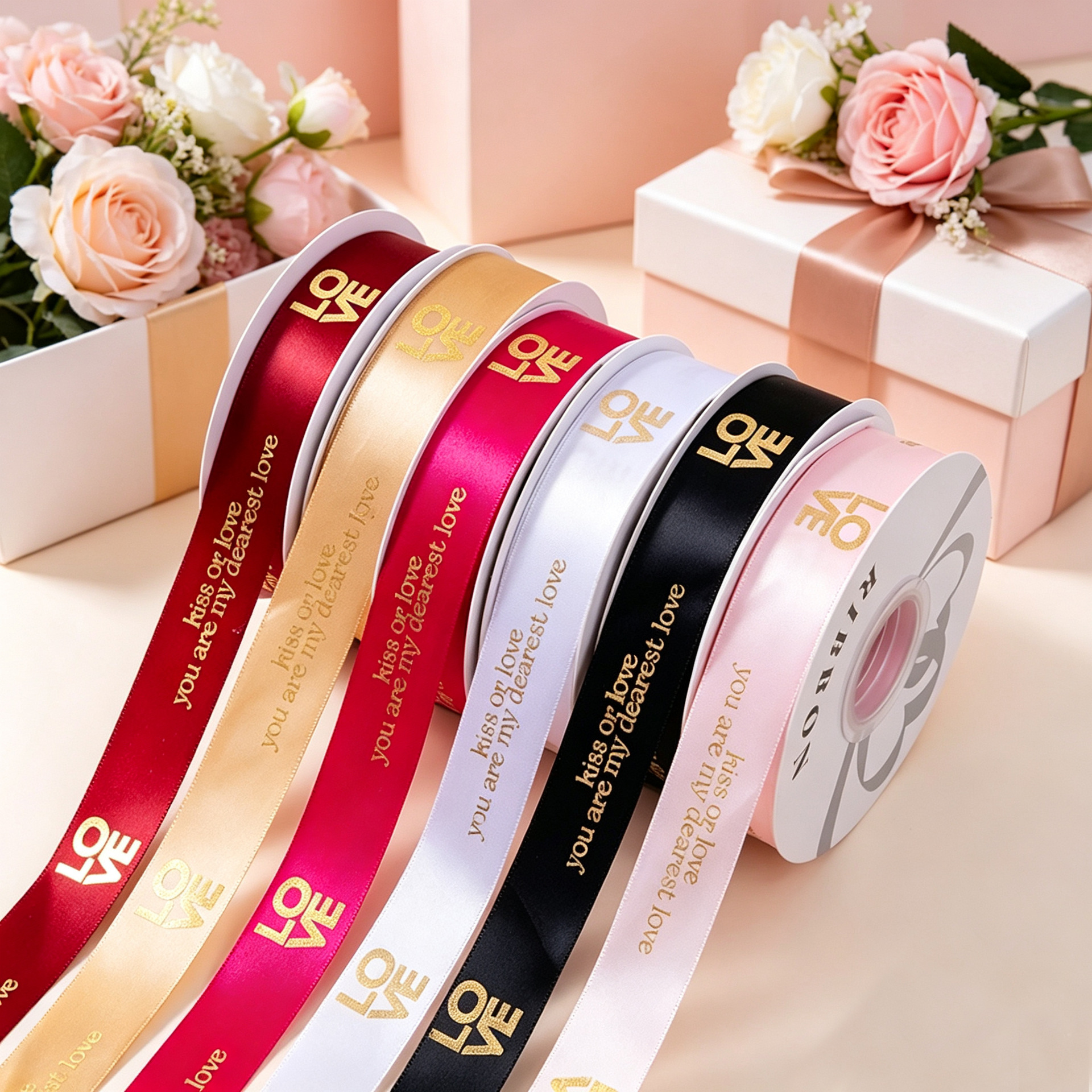 Estampado dorado poliéster cinta embalaje de flores pastel cinta regalo gran cinta roja arco accesorios decoración diy