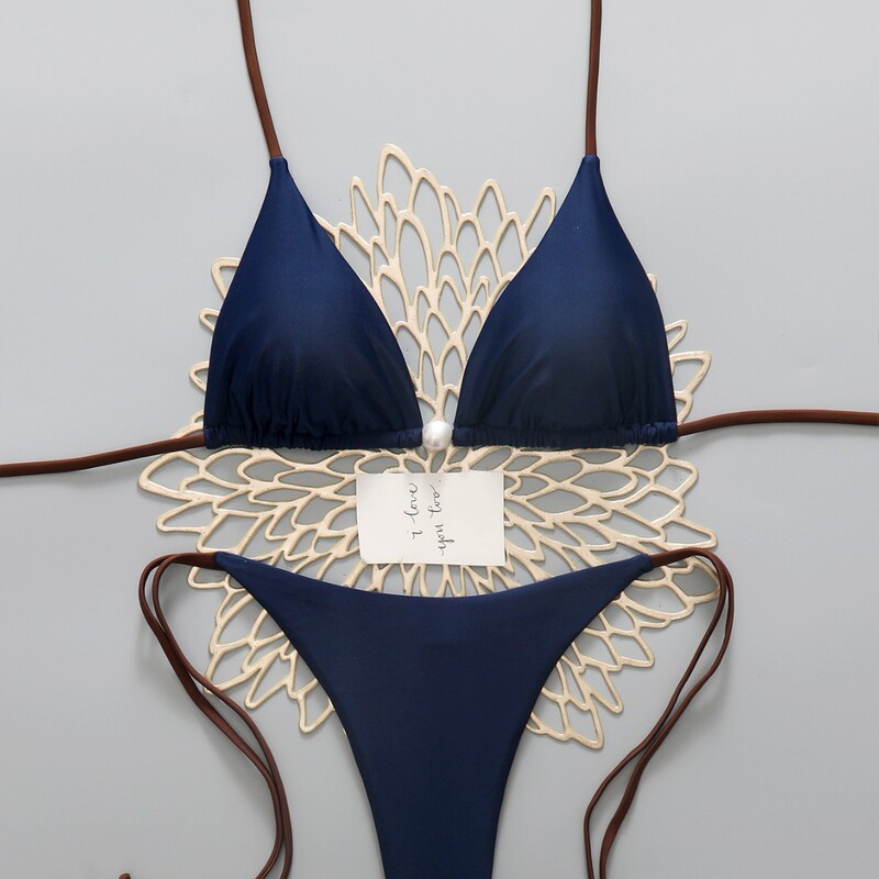 2026 European and American New Cross-Border Amazon Solid Color Two-Piece Bikini Sexy Thong Strap Swimsuit Set
