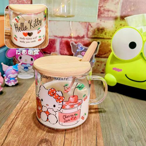 New Ins Borosilicate Glass Handle Printed Milk Cup Microwaveable Household Glass Water Cup