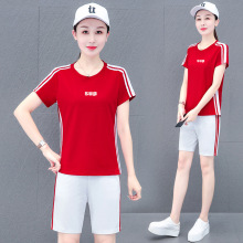 时尚休闲套装女圆领显瘦广场舞直筒裤运动服短袖短裤两件套夏新款