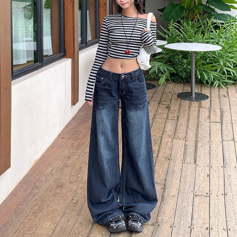 Dark Blue High-Waisted Wide-Leg Jeans, Distressed Washed Floor-Length Pants, Loose-Fitting Denim Women's Pants, Slimming Look Large-Profile Pants