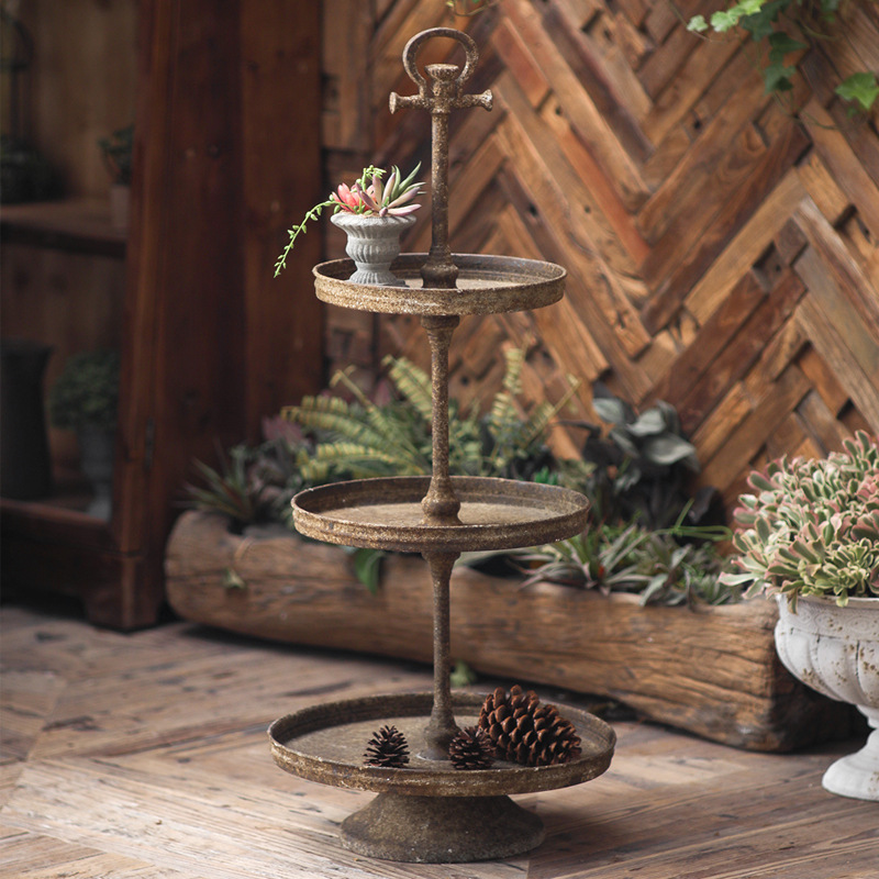 European Retro Old Floor-Standing Multi-Layer Iron Tray Balcony Garden Decoration B&B Hotel Creative Ornaments