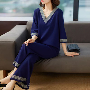 Spring and Autumn High-End Western Style Large Size Middle-Aged Loose Wide Leg Pants Fashion Casual Two-Piece Women's Suit