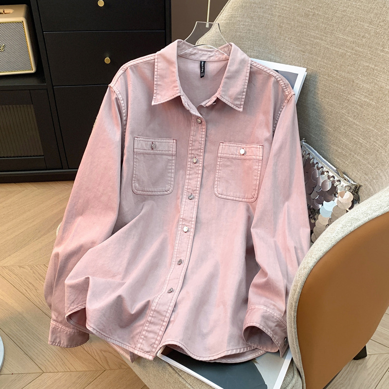 Wholesale High-End Pure Cotton Pink Denim Shirt for Women, Workwear, Plus-Size Loose Top, Niche Thickened Shirt for Women