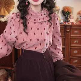 港风复古别致斜襟温柔蝴蝶结衬衫女秋冬加绒加厚衬衣通勤百搭上衣