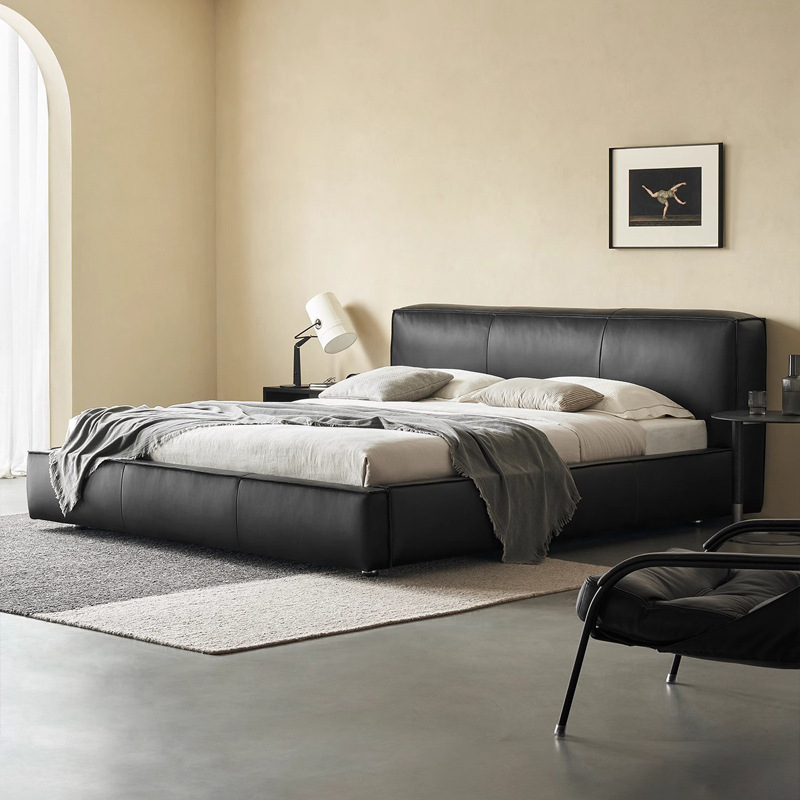 Toast cama de cuero completo negro italiano minimalista dormitorio principal de alta gama elegante cama de cuero real doble 1,8 m bolsa suave cama de boda