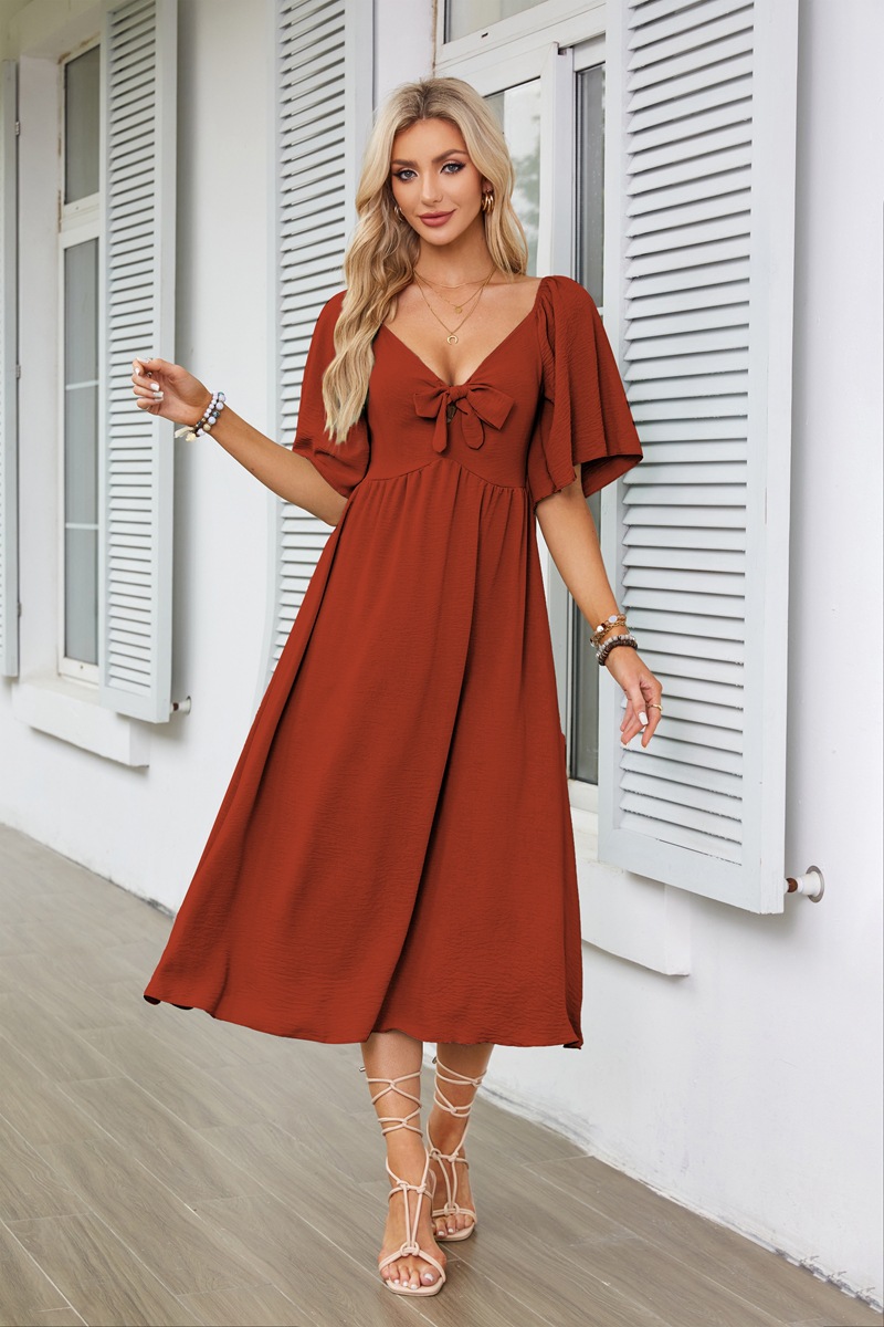 Women's Swing Dress Simple Style V Neck Bowknot Short Sleeve Solid Color Midi Dress Daily display picture 18