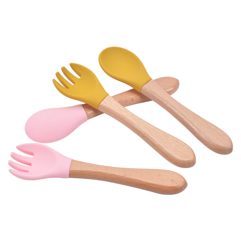 【廠家現(xiàn)貨】木柄硅膠勺子叉子 寶寶硅膠叉勺餐具套裝批發(fā)