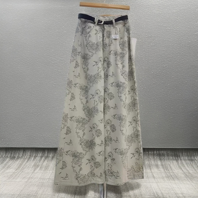 2026 Spring and Autumn Trendy New Popular Floral Ink Print Jacquard Straight-Leg Jeans for Women Stylish Wide-Leg Long Pants