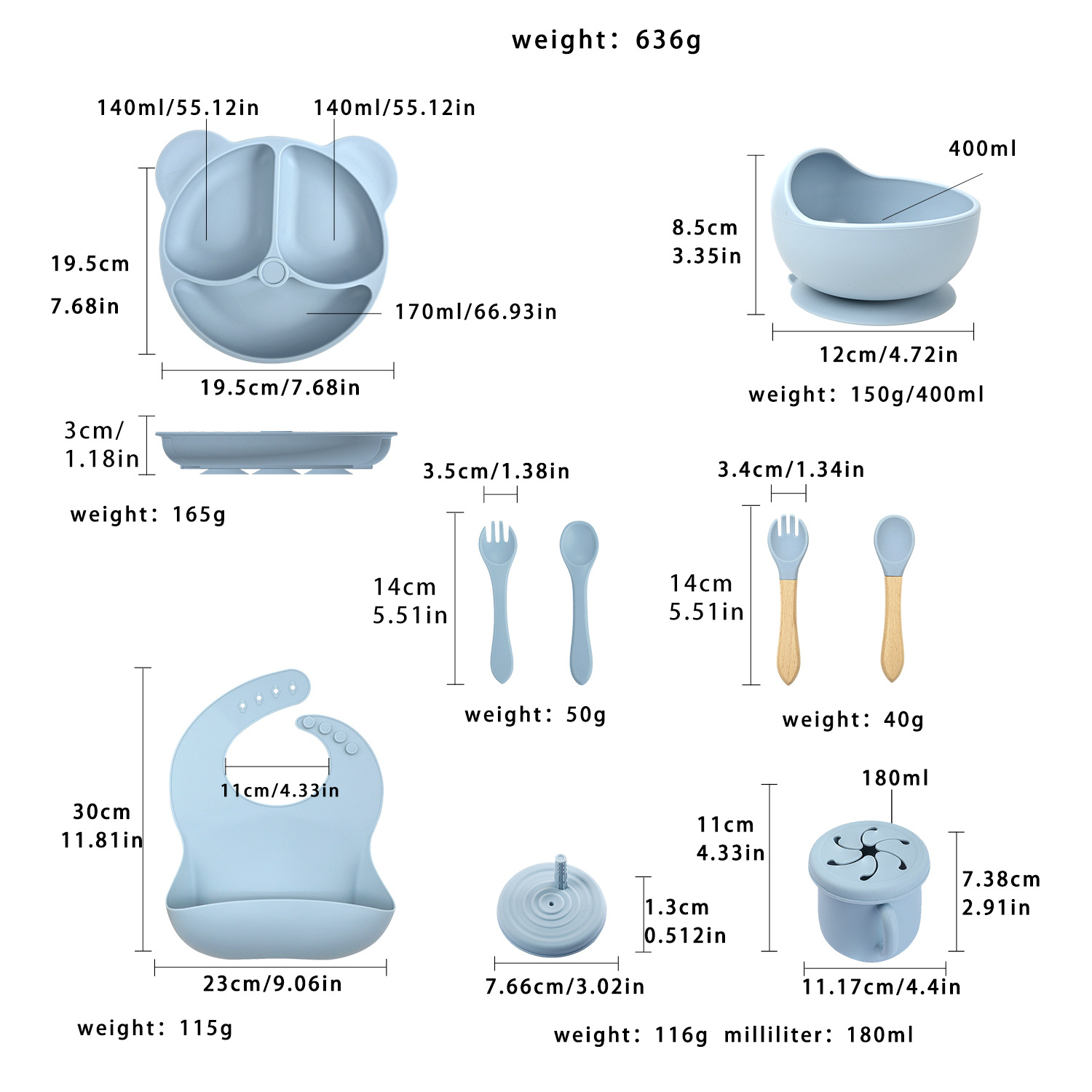Conjunto de cubiertos de silicona para niños transfronterizos de ocho piezas con cucharas de silicona cucharas cucharas
