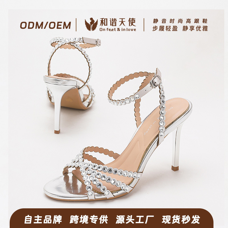 European and American Style Light Luxury Fashion Comfortable Round-Toe Open-Toe Stiletto Heels for Women with Rhinestone Accessories and Single Strap Stiletto Sandals