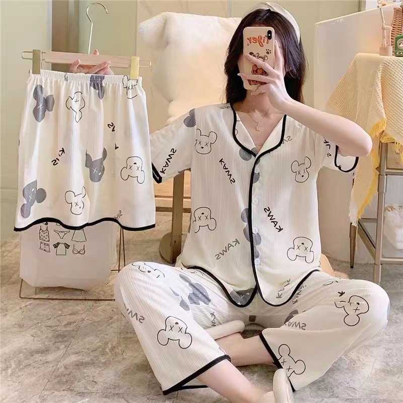 Explosión de tres piezas Cardigan pijama de mujer de verano de mangas cortas pantalones largos delgados se pueden usar dibujos animados dulce conjunto de ropa para el hogar