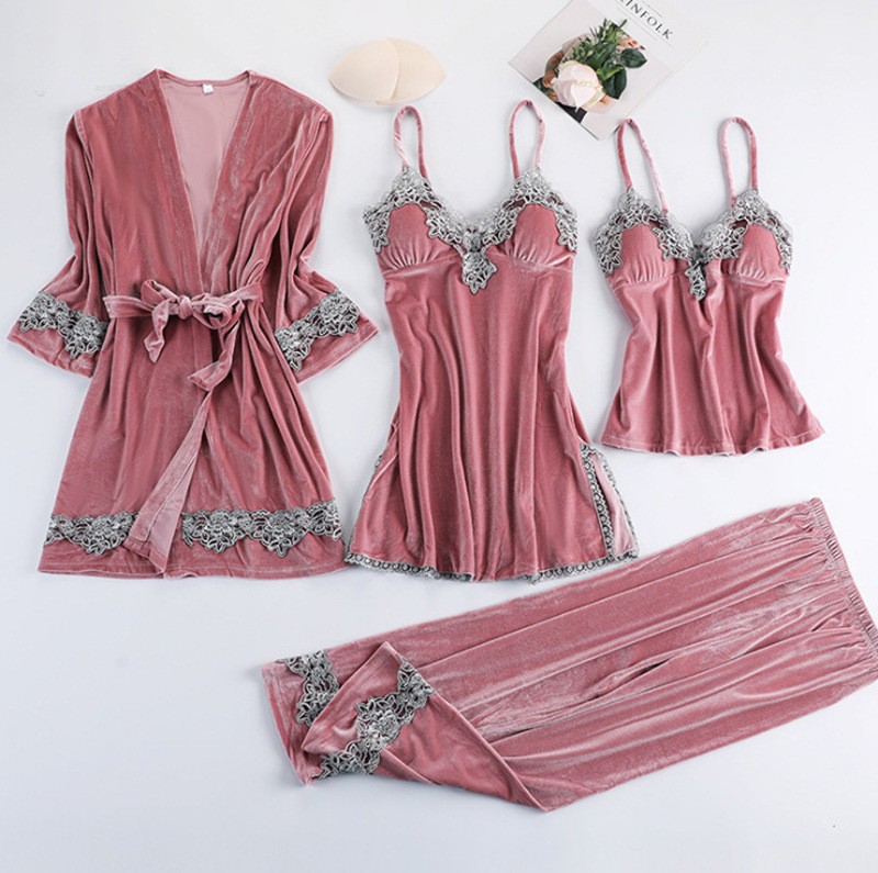 Women’s Lace Pajama Set with Gold Velvet Finish, Five-Sleeve Top and Seven-Point Pants, Royal Blue XXL — detail image 2