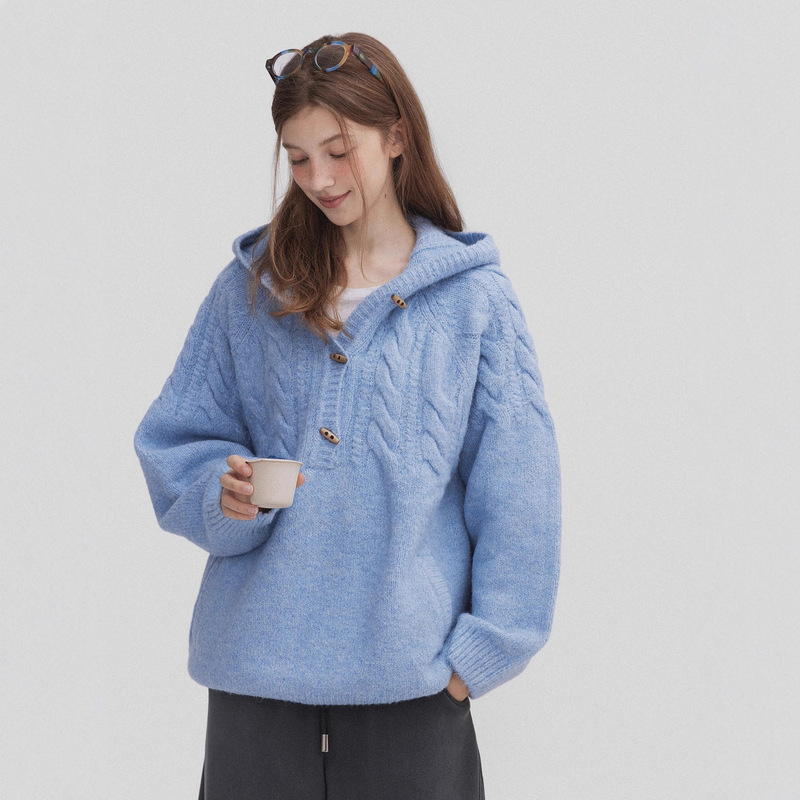 Scandinavian Nordic Retro Wool Fluffy Cable Half Placket Horn Button Hooded Sweater for Women