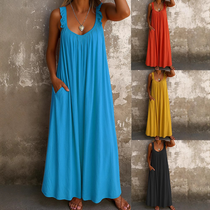 2026 Amazon European and American Cross-Border New Women's Clothing Casual Strap U-Neck Regular Ruched Multi-Color Women's Dress