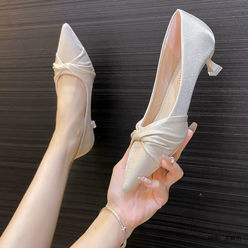2024 Весна и Осень французские нишевые свадебные туфли темперамент хрустальные свадебные туфли на низком каблуке атласные туфли на высоком каблуке платье на низком каблуке