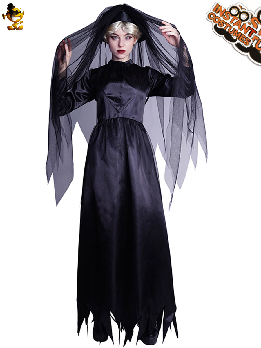 Bruja de Halloween traje fiesta Cosplay traje de escenario uniforme tentación negro gasa fantasma traje de la novia