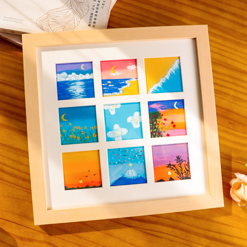 油畫棒專用10*10cm四9九宮格木質正方形畫框擺台掛牆白色相框批發