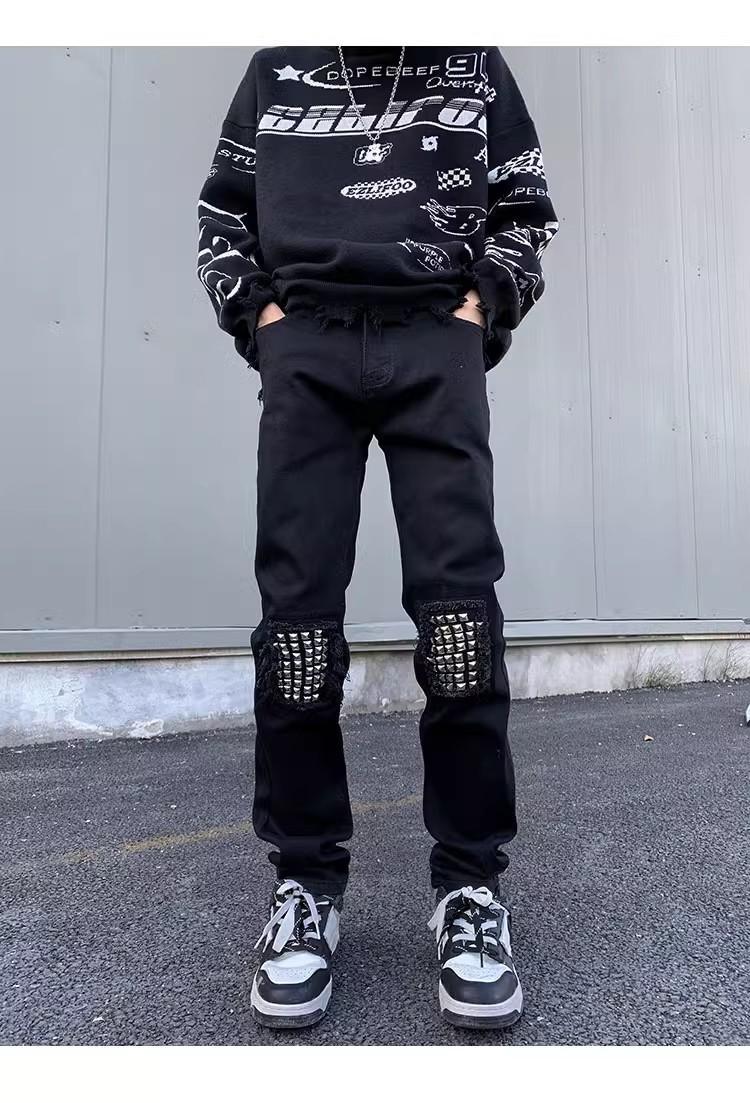 2025 Spring And Autumn Versatile Fashion Black Distressed Design Jeans Washed Wear-resistant Youth Long Pants Men's Cool_mkmklike.com