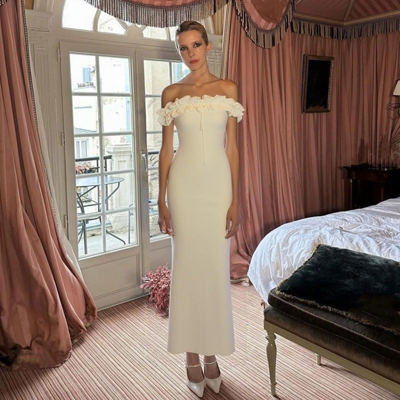 2025 Summer New Elegant Pure Desire Off-Shoulder Lotus Leaf Pleated Edge Design Strap Figure-Showing One-Step Dress