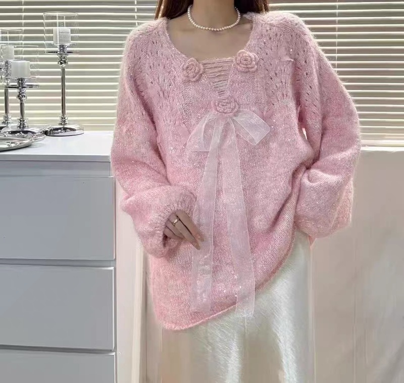 立体花朵亮片V领针织衫毛衣女款春秋2025大码胖mm法式蝴蝶结上衣|undefined