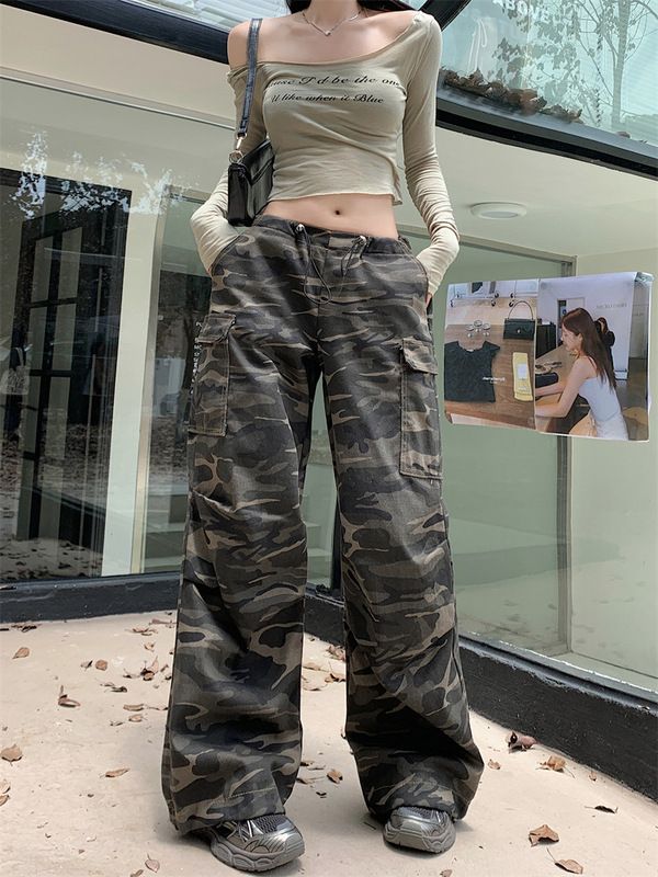 アメリカのゆったりとした広脚がカジュアルなジーンズ春夏の新型レトロな迷彩のストレートなひもの工装ズボンの女性|undefined