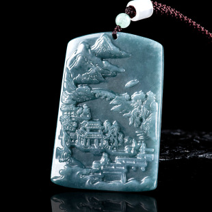 High-grade natural A goods jade blue water landscape brand pendant Fugui mountain living figure glutinous jade pendant for men and women