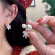 韩版新款雪花珍珠耳环氛围感小众设计两戴法式耳钉女S925银针耳饰