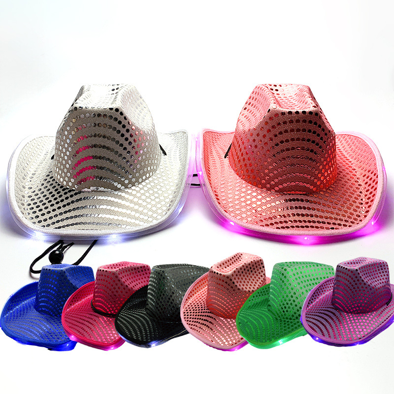 Cowboy Western Eva Hat Led Flag Sequin Hat with Light Cowboy Hat American Independence Day Cross-Border Hat Wholesale