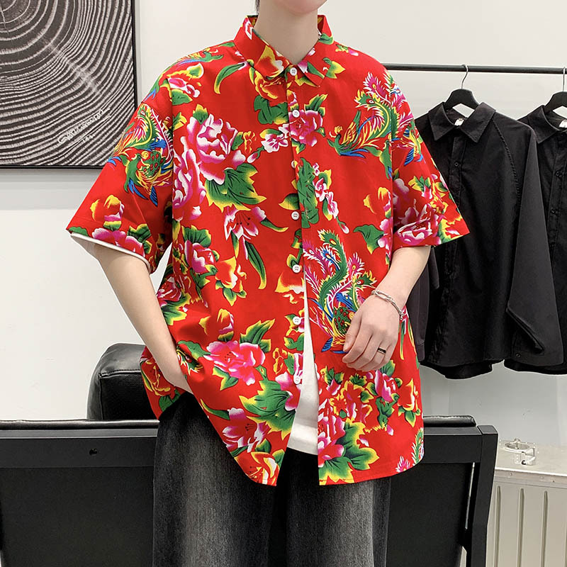 2025夏季新款男式衬衫潮流中国风东经大花个性印花短袖衬衣大码