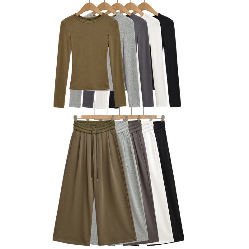 2025 Early Autumn Sexy Cashmere Texture Round Neck Slim Long-Sleeved T-Shirt with Wide Waist Drawstring Sports Pants Suit for Women